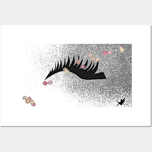 Eyelash and fairy on a dazzling floral faded silver sprayed background Posters and Art